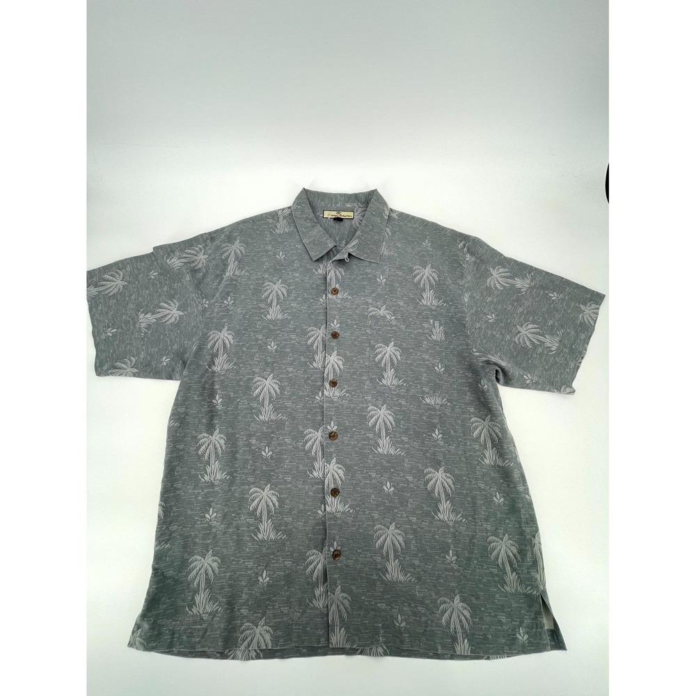 Tommy Bahama Hawaiian Shirt Mens XL Heathered Gray Silk Tropical Print Button Up